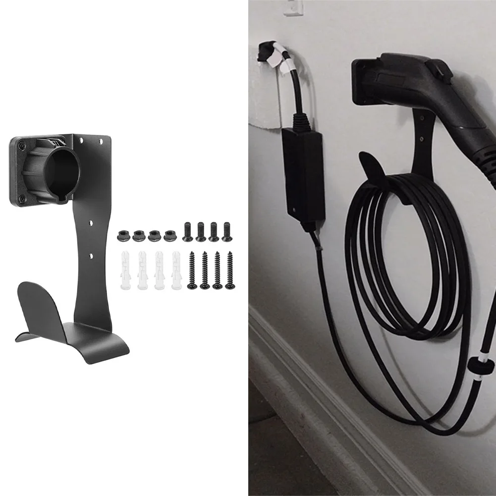 1Pc Wall Mounted Stainless Steel EV Charger Holder Bracket For J1772 Connector With Cable Hook Electric Vehicle Charging Parts