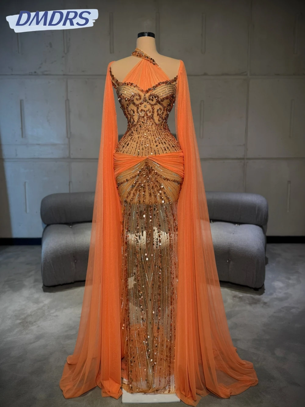 

Orange Luxurious Beaded Straight Long Evening Dress Stunning Illusion Cape Sleeve Wedding Party Gown Customized Prom Dresses
