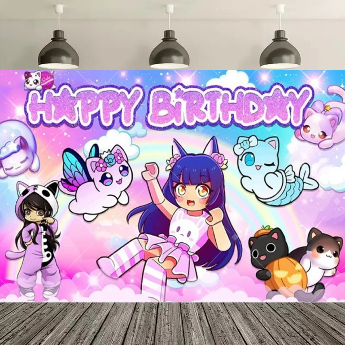 Niedlicher Aphmau-Katzen-Geburtstagshintergrund, Cartoon-Kätzchen-Geburtstagsbanner für Kinder, Mädchen, Geburtstagsparty, Fotodekoration – Detail 7