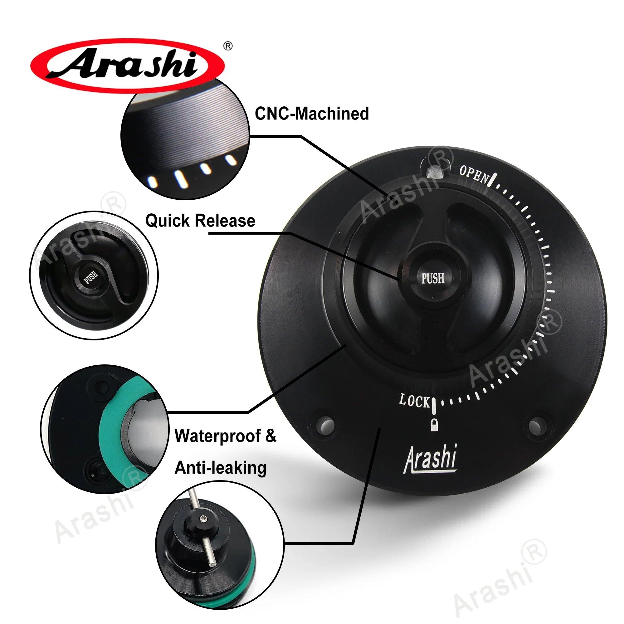 Arashi 108mm Universal For SUZUKI Waterproof Fuel Gas Tank Cap Oil Tank Cover Petrol Case GSXR SV SVS GSR 3 Mounting Spots