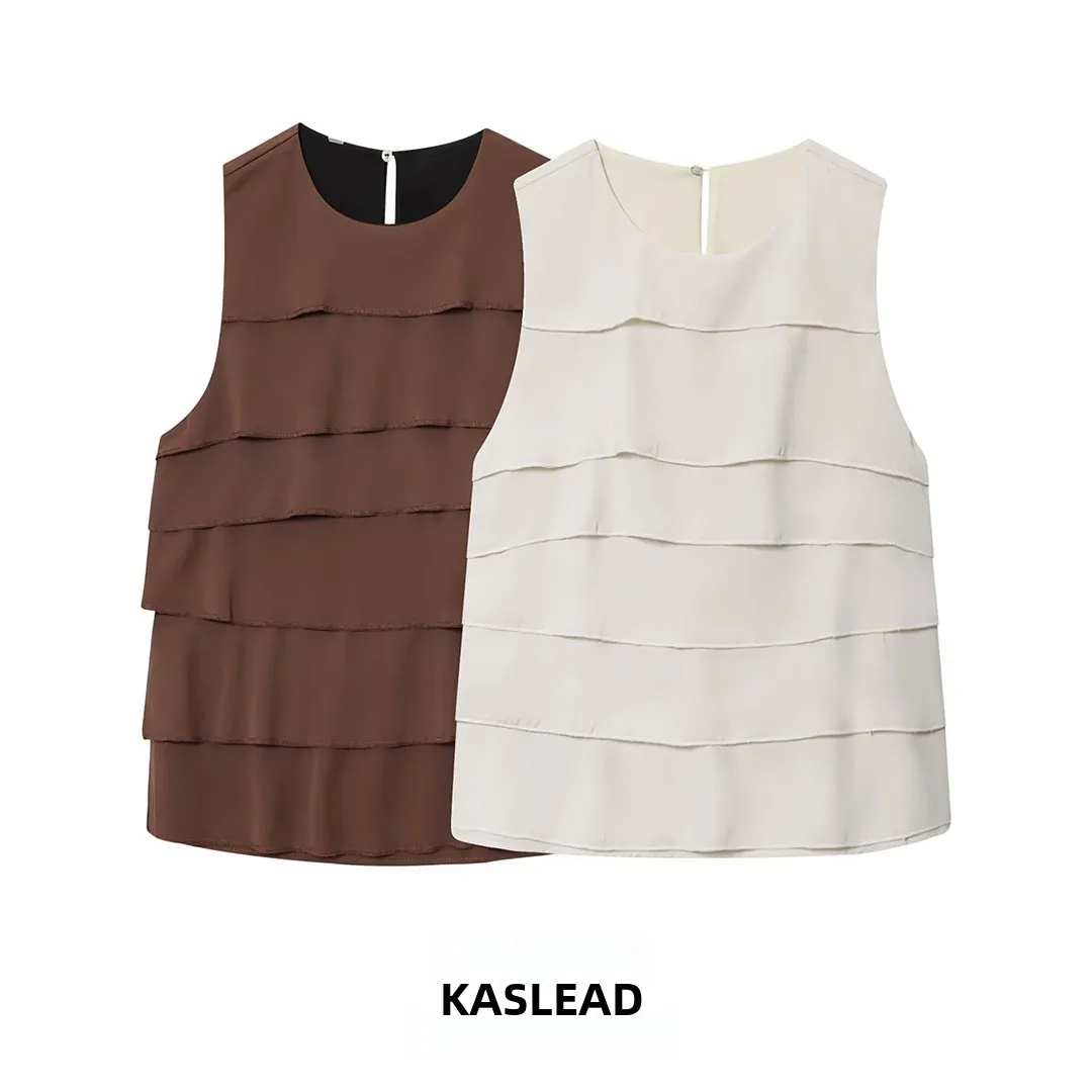 

KASLEAD New Women's Faion Satin Feel Ruffle Hem Top round Ne Svel Regular Length Polyester Fiber 00%