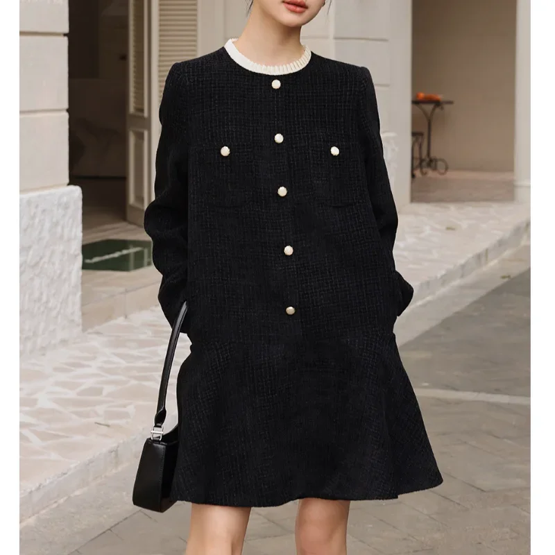 

French Small Fragrance Black Dress Women Long Sleeve A Line Loose Casual Korean Elegant Fashion Sweet White Tweed Short Dresses