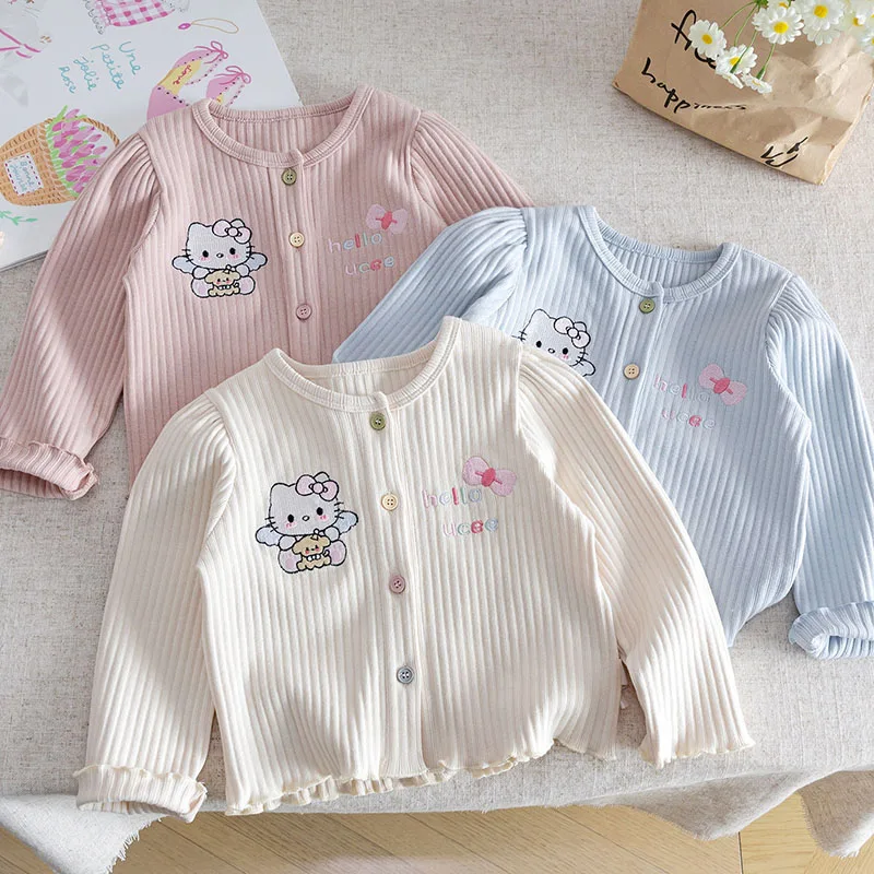 

Baby Girls' Knitted Cardigans Autumn New Cartoon Cat Embroidered Long Sleeved Sweater Children's Single Breasted Knitwear Tops