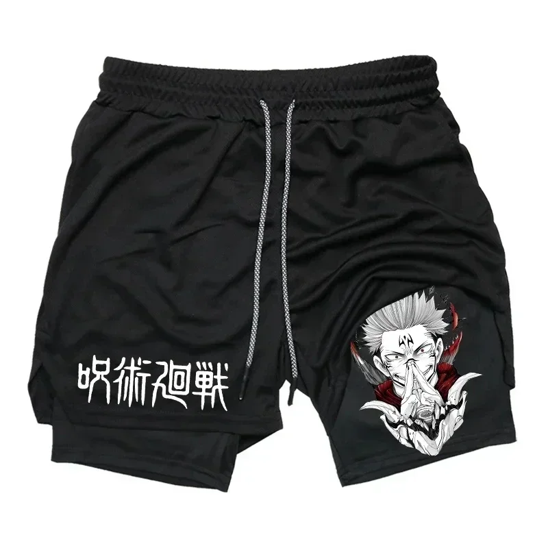 

Men's double-layer sports shorts Jujutsu Kaisen anime pattern 2-in-1 compression shorts quick drying breathable sports shorts