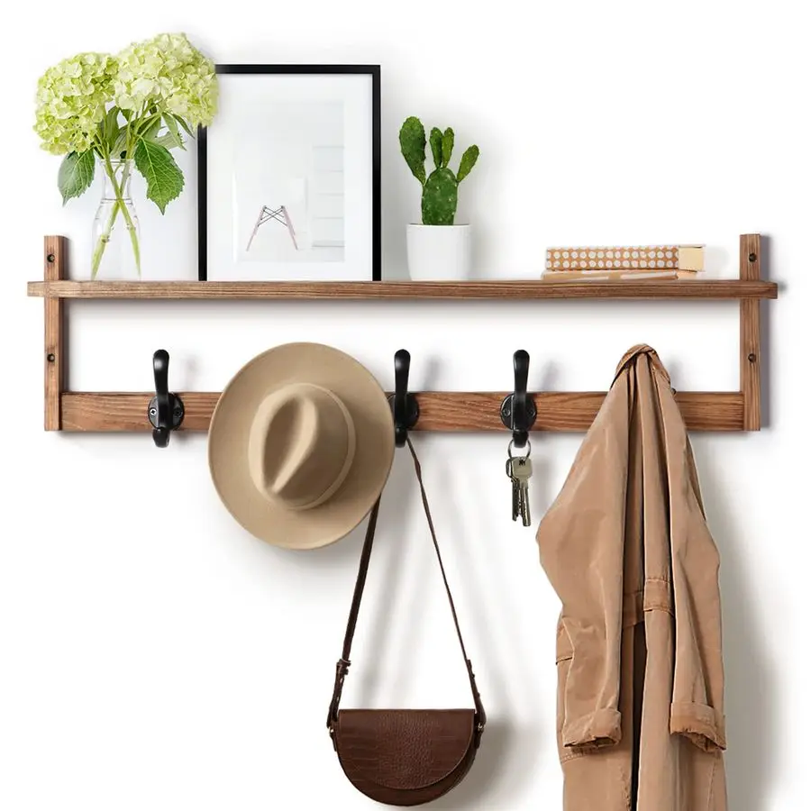 

29 Coat Rack Wall Mount with Shelf, Wood Wall Hooks with Storage, Entryway Shelf with 5 Hangers for Bathroom, Living Room, Bedro