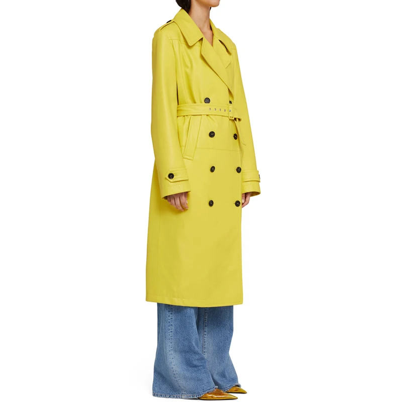 Women\'s winter sheepskin trench coat yellow fashion long length double breasted classic  Trendy leather jacket