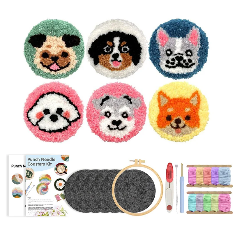 

6PCS Cute Cat Pattern Punch Needle Coaster Starter Kits Punch Needle Embroidery Kit Easy Embroidery Needlework Home Decor