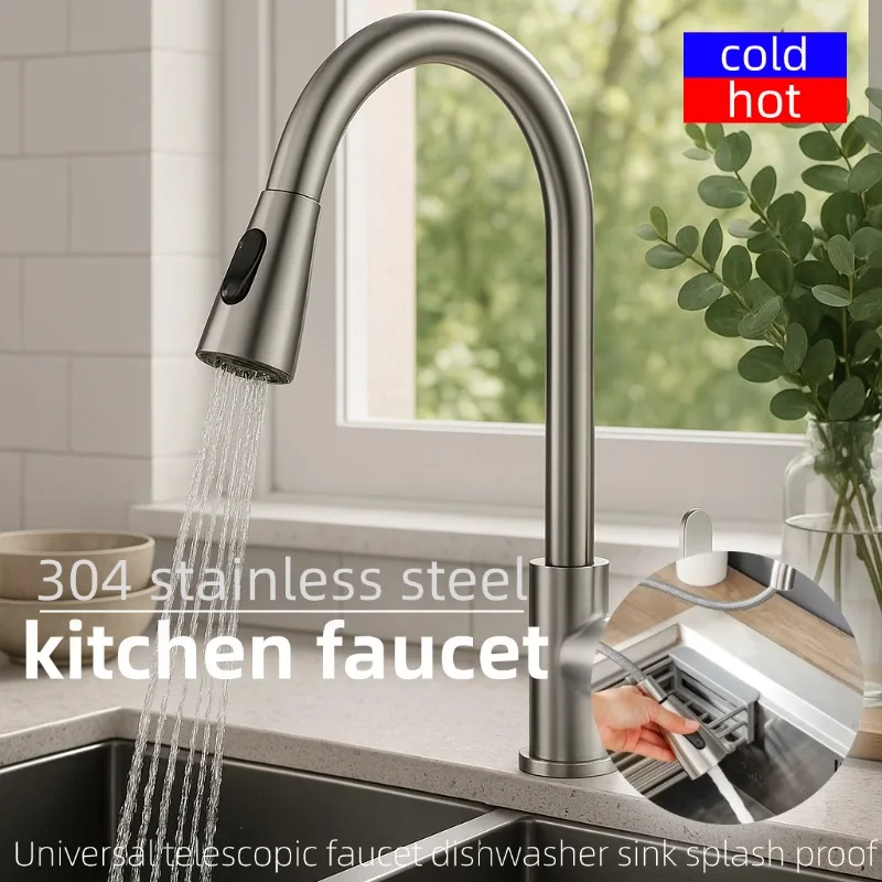 

360° Swivel Pull Down Kitchen Faucet, 304 Stainless Steel Retractable Sprayer with Hot and Cold Water, Anti-Sink Sink Faucet