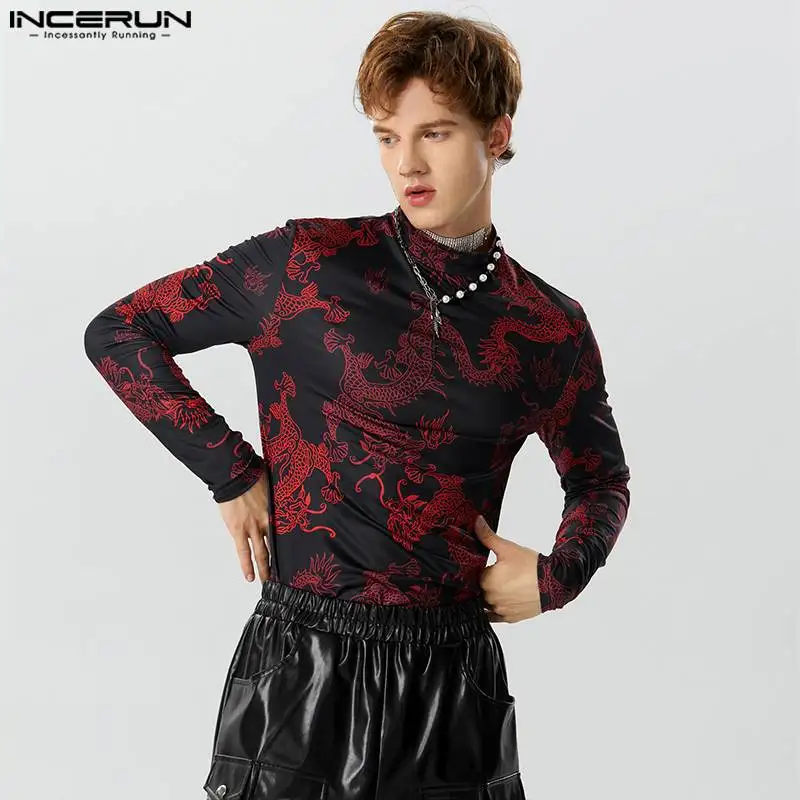 2023 Men T Shirts Vintage Printing Turtleneck Long Sleeve Casual Camisetas Streetwear Fitness Autumn Undershirt S-5XL INCERUN