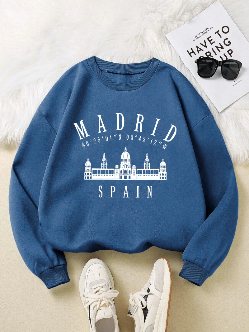 Sudadera con estampado de Palacio Real de Madrid y España para mujer, jerséis de Hip Hop con cuello redondo, ropa de calle holgada Y2K de otoño, ropa de lana para mujer