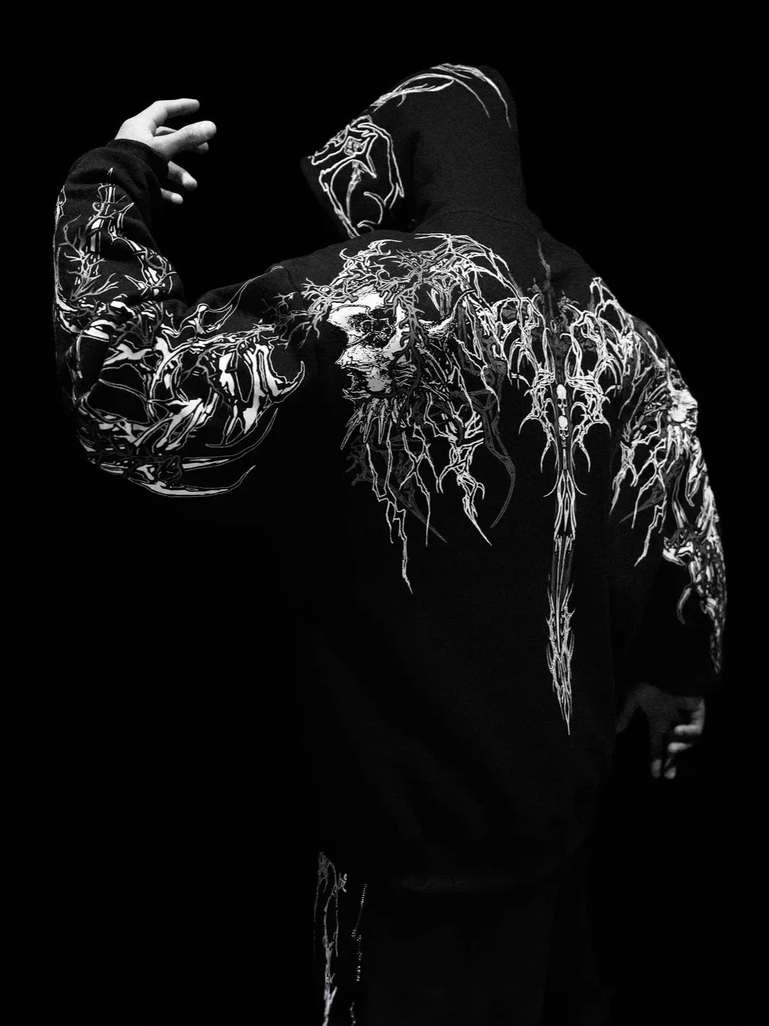 

Men's Fce Lined Hoodie Sweatirt Fitn Top Skull Print k Sle American Trendy Brand Pullover Polyester Fabric