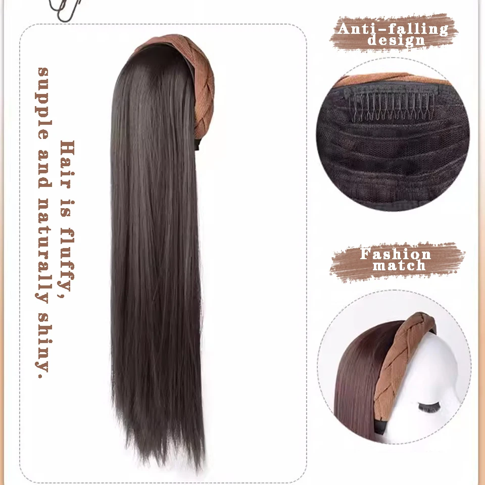 Peruca de cabelo liso sintético de uma peça para mulheres, faixa de cabelo, cabelo comprido, moda, natural, adicional, roupa diária, glamourosa, alta