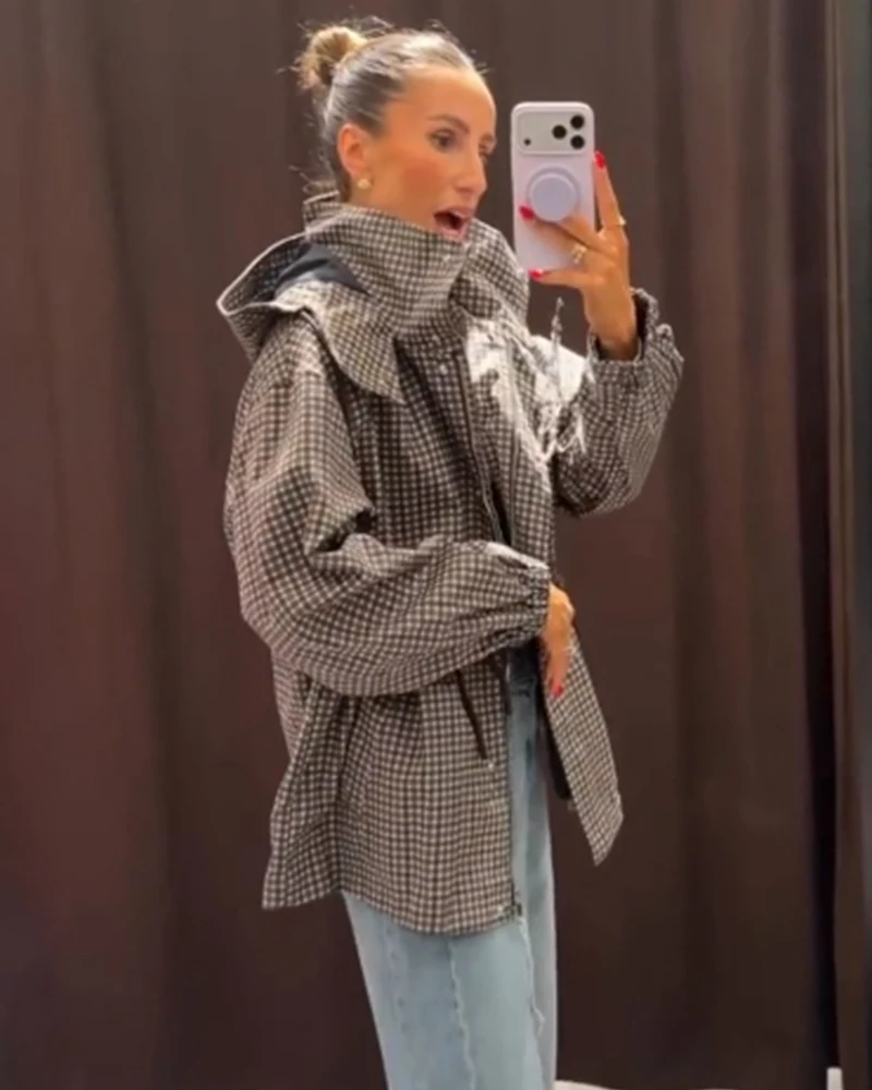 Damenmantel Langarm-Karo-Kapuzenjacke für Frauen 2026 Neue Mode Herbst Winter Lässige Schicke Damen-Oberbekleidung – Detail 4