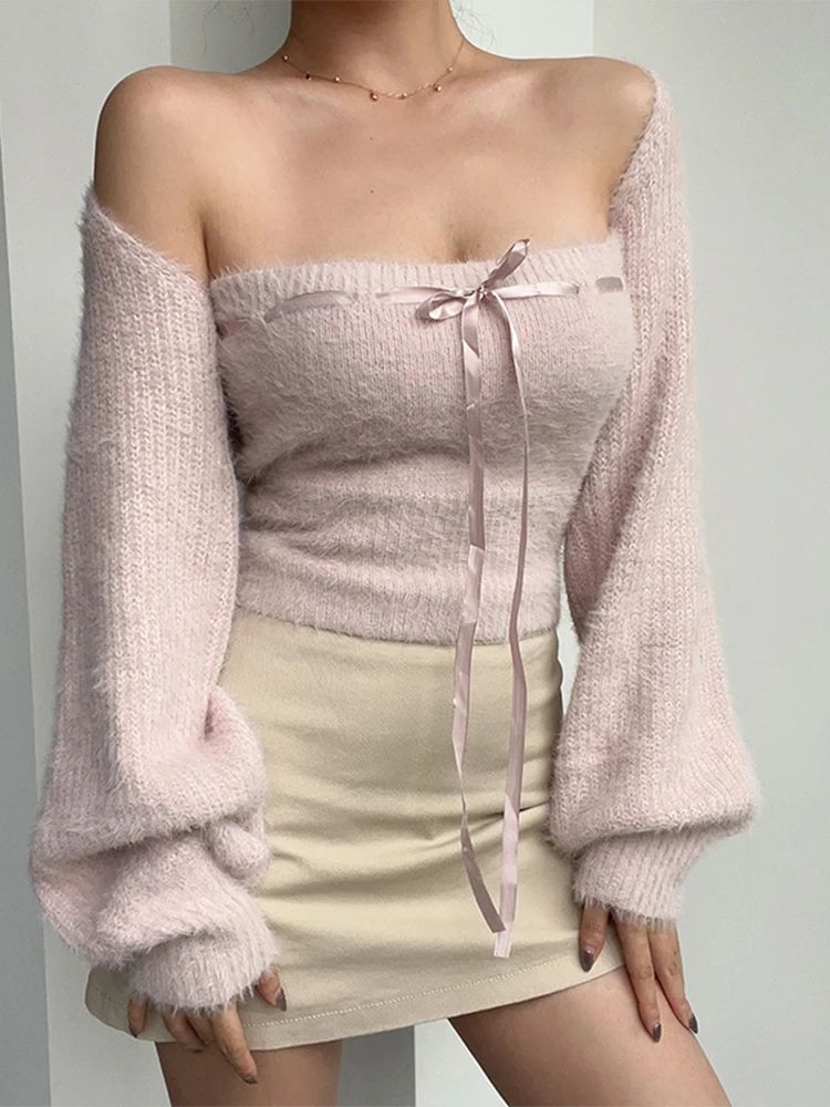 Fuzzy Knitted Bolero Cardigan Set Tube Top with Bow Long Sleeve Open Front Cropped Shrug Sweater Women Teengirl Acubi Y2K Outfit