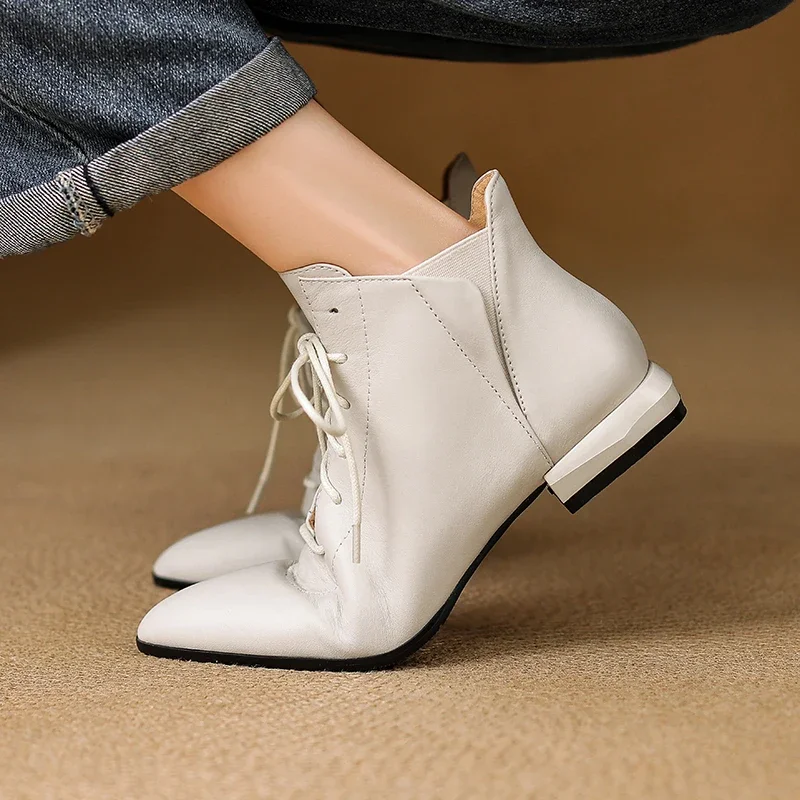 Women's genuine leather lace-up ankle boots with pointed toe and low heel