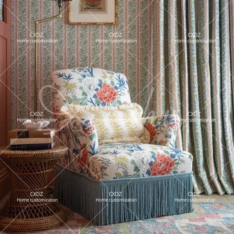 Pastoral Fabric Printed 3 Seater Sofa Solid Wood Frame Double Couch for Villa Living Room Rural Style Furniture