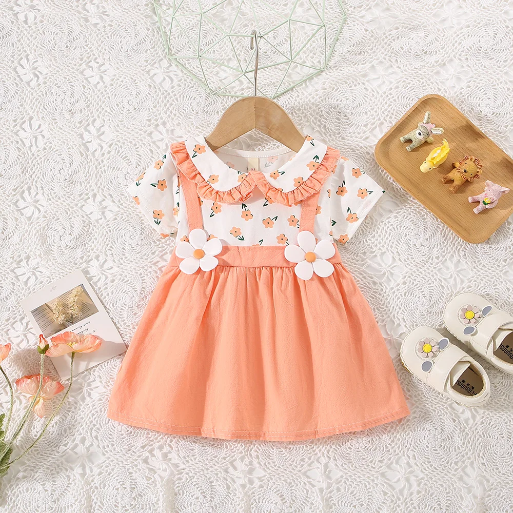 Summer New Baby Girls Dress Short Sleeve Lapel Lace Pleated Flower Pattern Halter Pleated Sweet Princess Dress (0-3 Years)