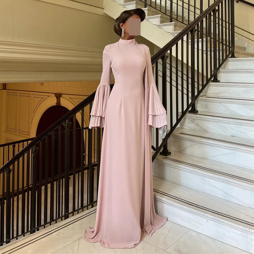 Evening Dresses Long Sleeve Ruffles High Muslim Clothing Solid Color Mermaid Dress Prom Gown Pleat فساتين السهرة 2023 جديده