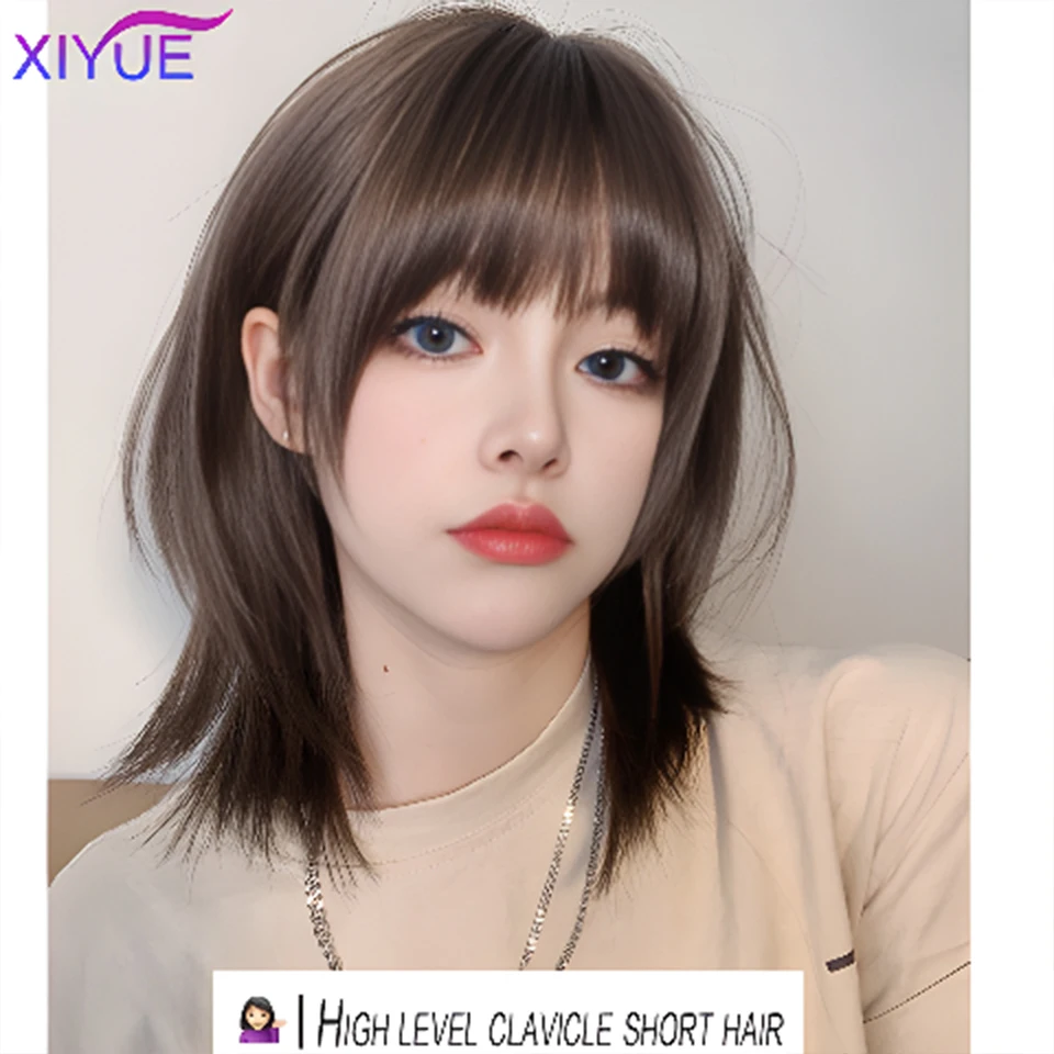 XIYUE-Perruques Synthétiques Courtes et Droites Noires pour Femme, Perruque de Longueur Moyenne Initiée avec Frange, Faux Cheveux Anime Clavicule, 03 Utilisation