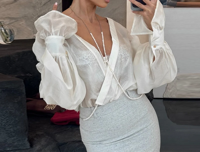 2025 Spring New Sweet Loose Turn Down Collar Lantern Sleeve Long Sleeve Blouse Women Top