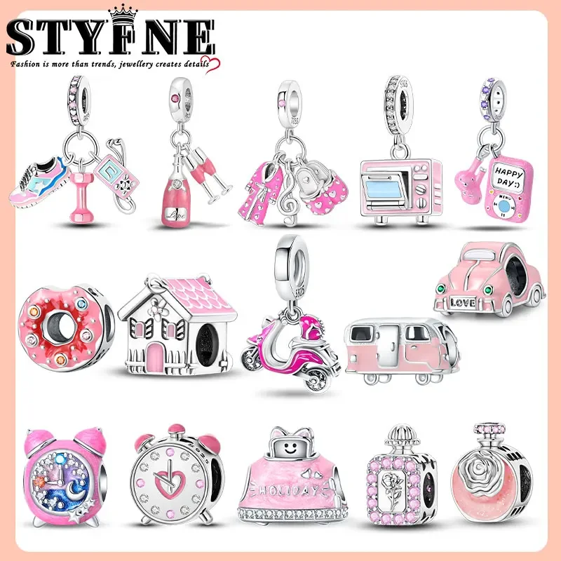 Sterling Silver 925 Woman with Puppy Travel Hobbies Pink Collection Adolescent Girl Style Charm Beads Original Bracelet DIY Gift