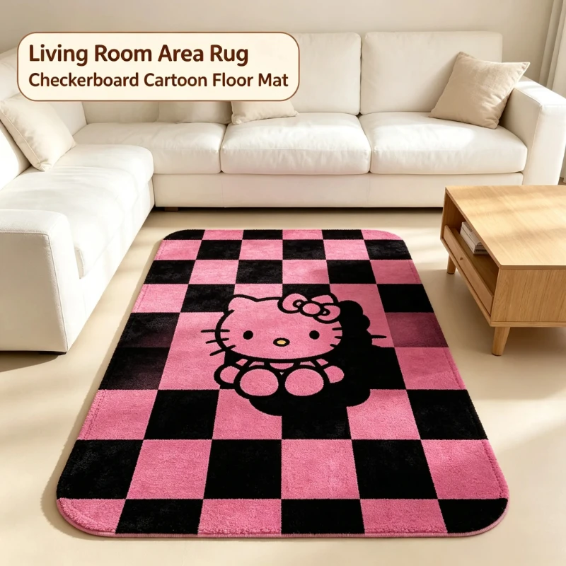 Y2K Hello Kitty Faux Cashmere Bedside Rug, Pink Black Checkered Carpet, Soft Non Slip Bedroom Area Rug, Home Decor Gift