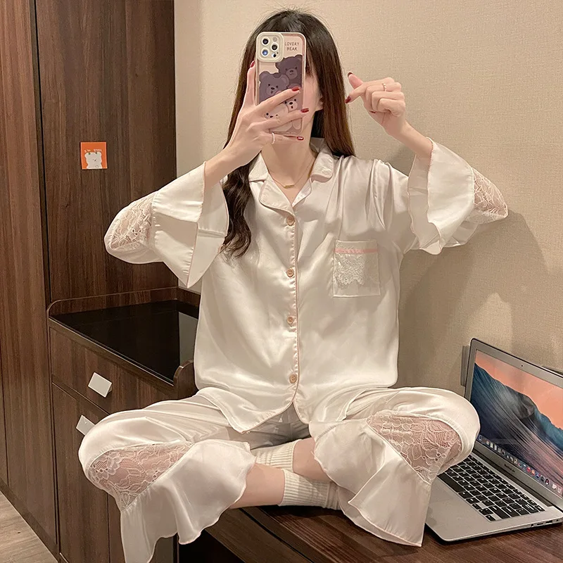 White Flare Sleeve Lace Pajamas Set Women Turn Down Collar Sleepwear Satin Silk Homeclothes Ladies Long 2Pcs Pyjamas Nightwear