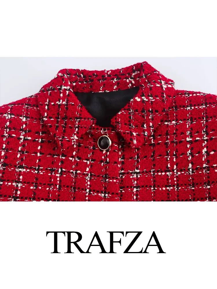 TRAFZA 2024 Autumn Woman Long Sleeves Coat Women Vintage Red Texture Single Breasted Pocket Lapel Decorate Jacket Coat