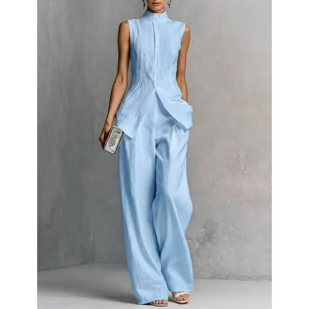 Fashion Stand-up Collar Sleeveless Tops Trousers 2 Piece Set Summer New Slim Elegant Wide-leg Trousers Female Office Suit 2026 - view 2