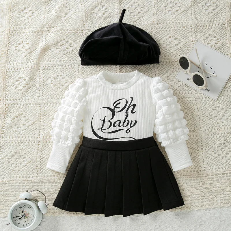 3Piece Spring Autumn Baby Girl Set Clothes Korean Fashion Letter Cute Puff Sleeve Tops+Skirt+Hat Toddler Boutique Outfits BC304