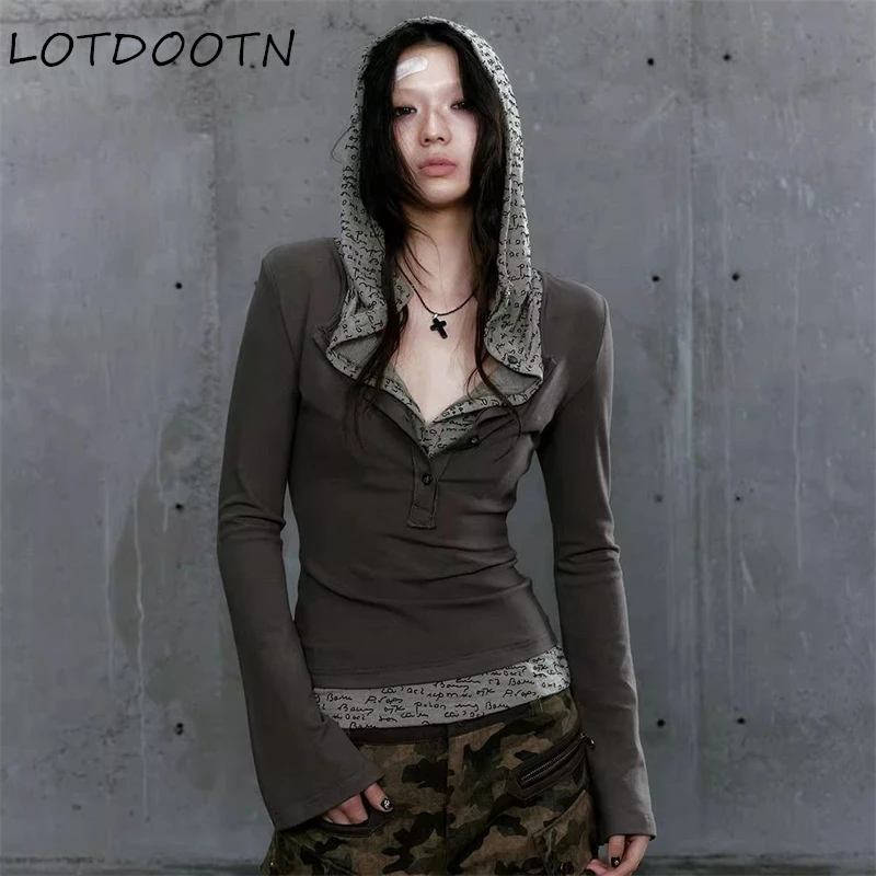 

LOTDOOTN Punk Streetwear Women T-Shirts Splicing Stacking Fake Two Piece Hoodie Long Sleeve Bottom Shirt Autumn Tops Y2k Clothes