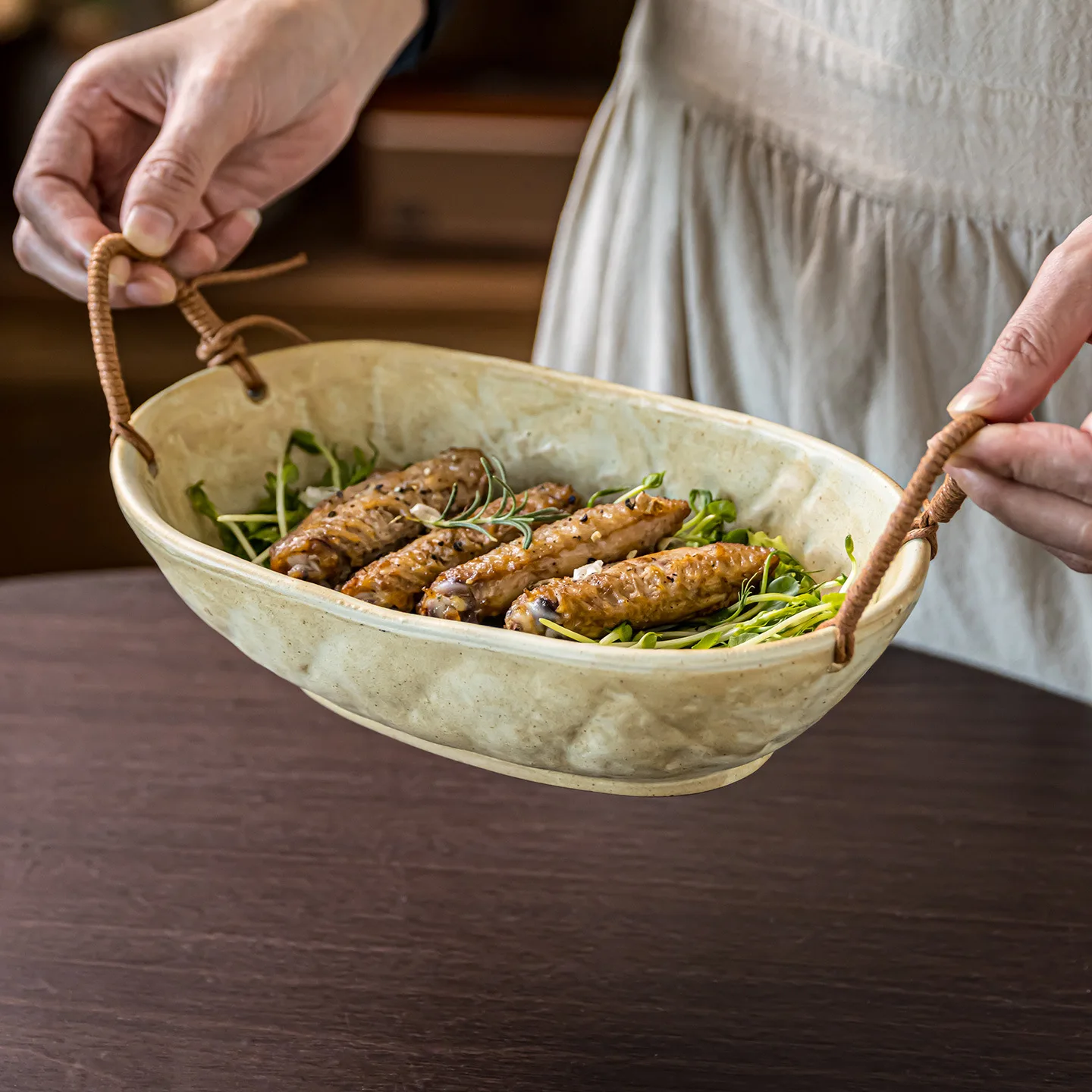 Vintage‑style Coarse‑ceramic Bowl With Rope‑woven Double‑ear Handles Portable Household Oval Ceramic Salad Vegetable Bowl