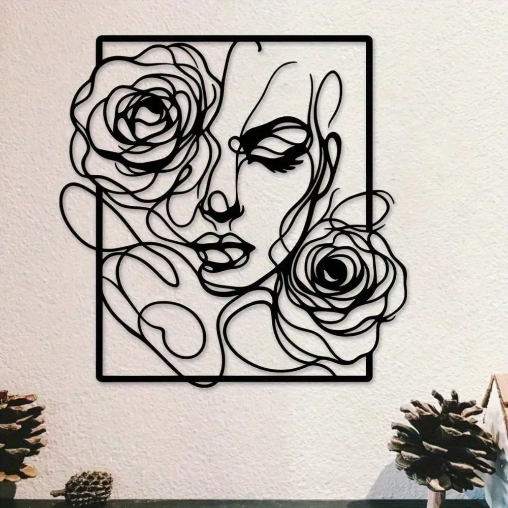 Black Metal Wall Art - Elegant Woman & Rose Silhouette, Waterproof Wall Decor