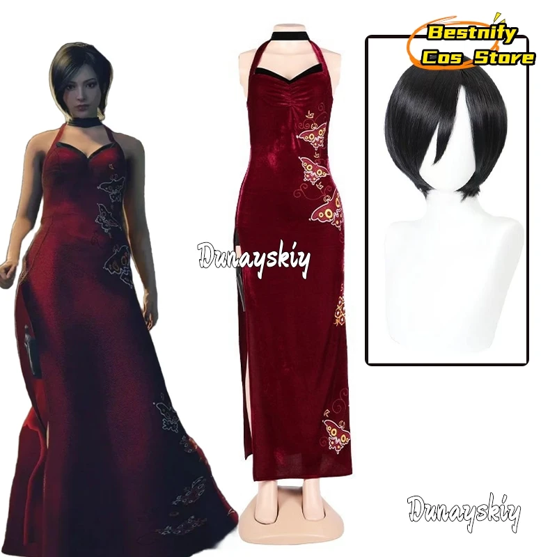 Female Resident 4 Ada Wong Cosplay Costume Red Cheongsam Dress Black Wig Full Set 2025 Anime/Halloween Carnival Suit Women Girls