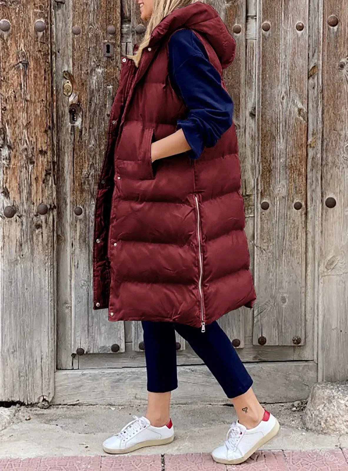 Women Coat Solid Color Hooded Long Cotton-padded Jacket Vest, Casual Fashion Single-breasted Pocket Solid Color Autumn Winter