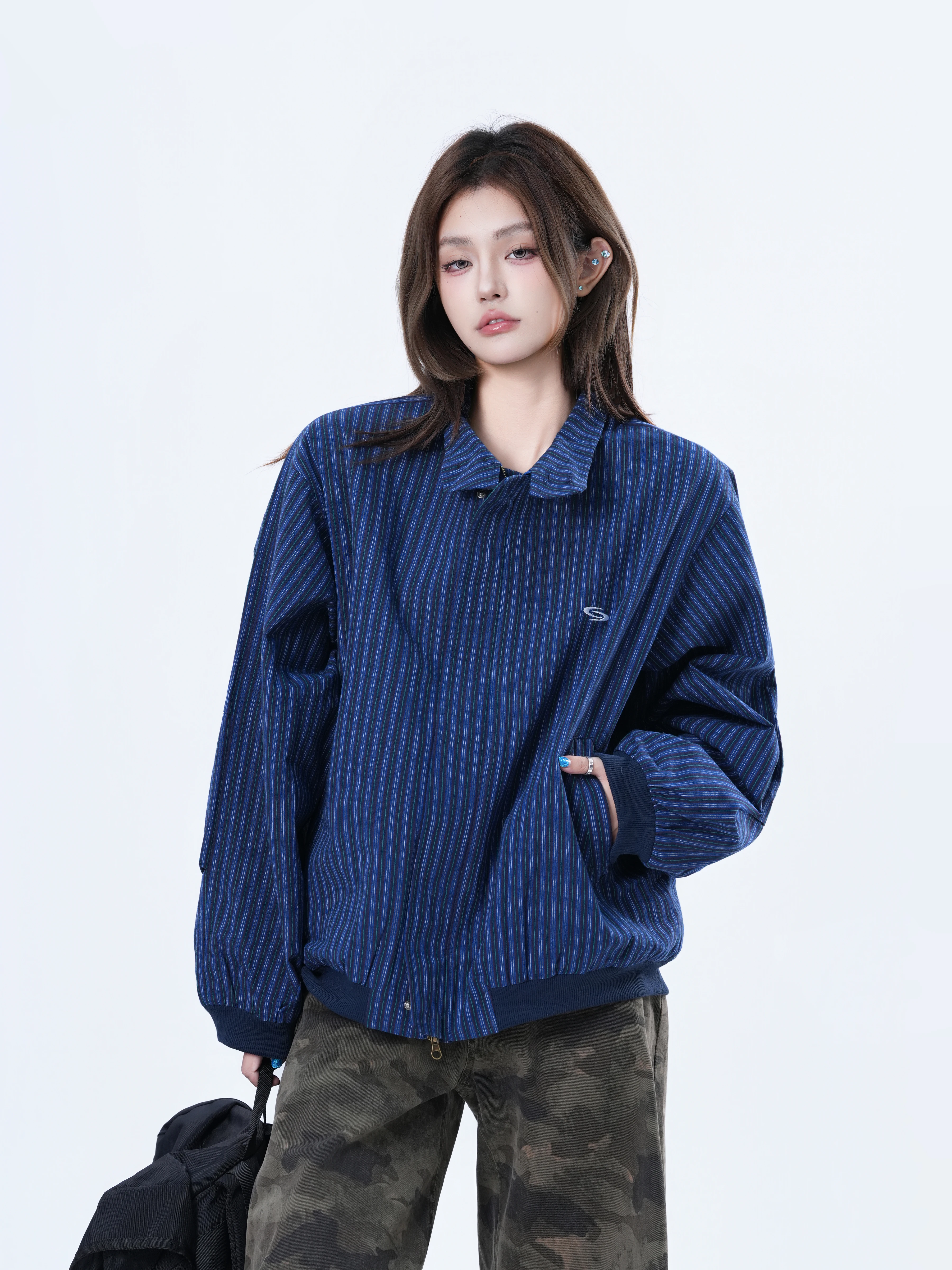 Casual Loose Women's Stripe Collar Jacket American Style Neutral Windproof Cotton 100% Warmth for Couples Small Ball Ball