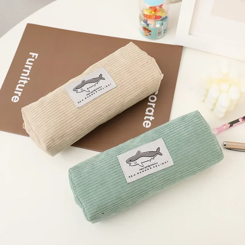 Shark Pencil Case Corduroy Pen Case Kawaii Stationery  Large Capacity Pencilcase Trousse School Supplies Pencil Pouch