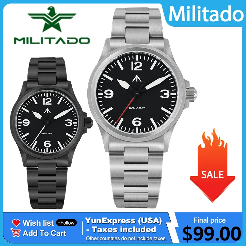 MILITADO ML18 36mm Herren Quarzuhren VH31 Sweep-Sekundenwerk Uhr Edelstahl Saphir Wasserdicht 100m Armbanduhr