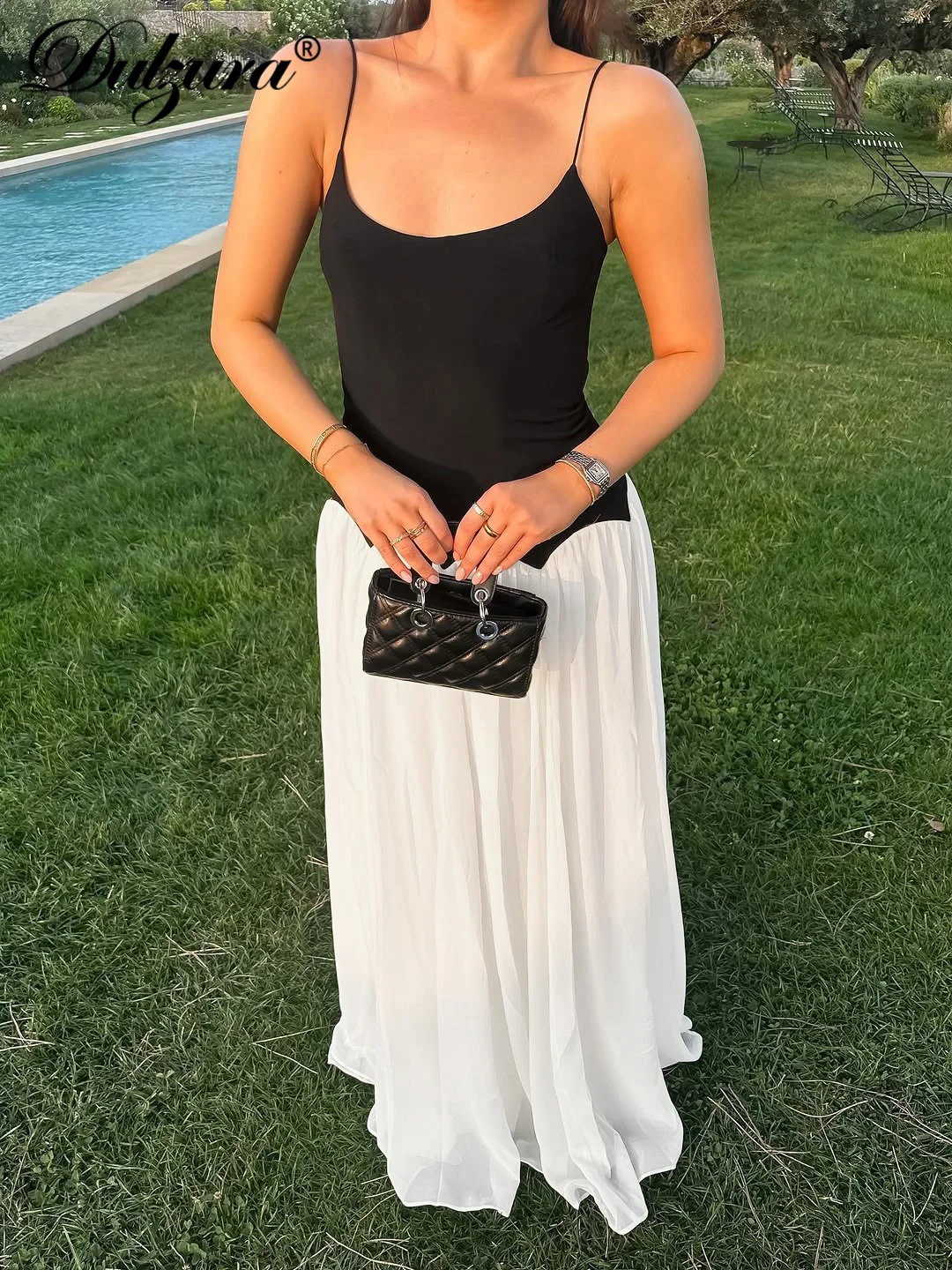 Dulzura Summer Fashion Sexy Backless Lace Up Slim Bretella Abito lungo Casual Elegante Chiffon Patchwork Party Club Abiti da ballo