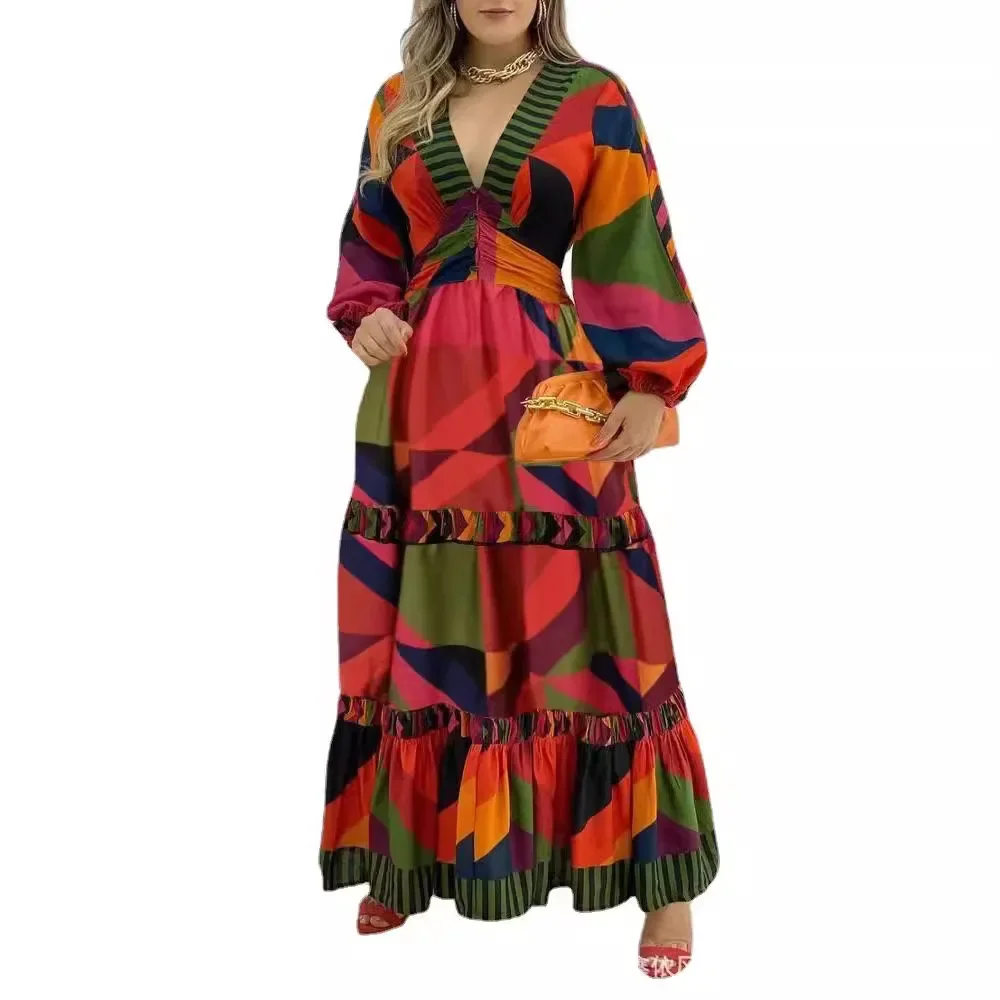 Vestido feminino solto de manga comprida com decote em v, moda verão, Abayas casual, moda de férias, vintage