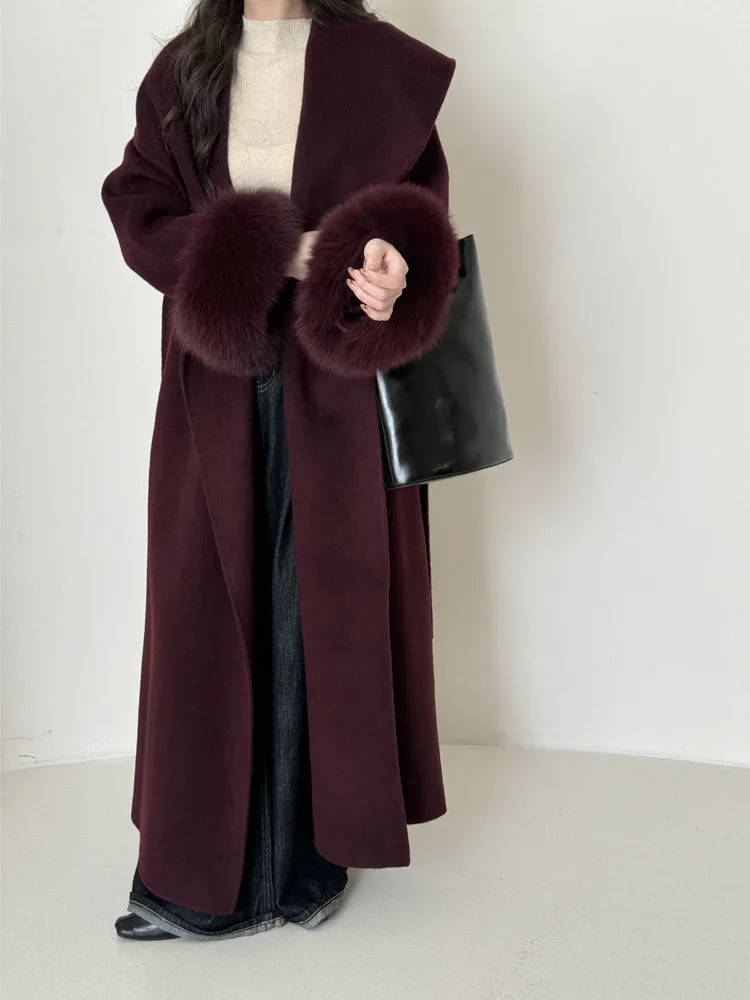 BJTZ Fashion Women's Brown Woolen Coat Notched Collar Loose Sashes Hairy Long Sleeves Short Blends Coats Autumn Winter 2024 New