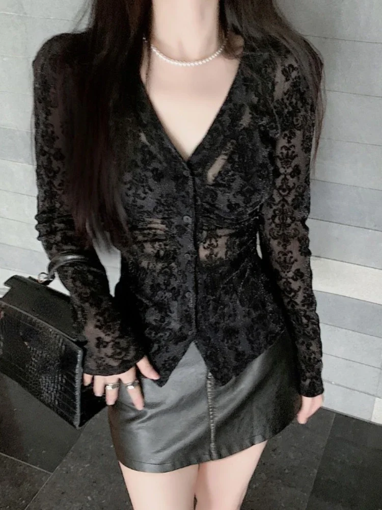 Spring Black Blouse Slim V Neck Sexy Casual Women Shirts Flocking Lace Lace Y2k Tess Chic Vintage Elegant Blusas De Mujer