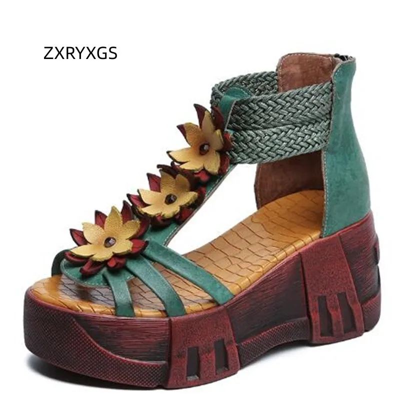 

ZXRYXGS Summer Women's Sandals Thick Sole High Heel Shoes Wedges Sandals 2024 Premium Pu Classic Flowers Fashioable Sandals New