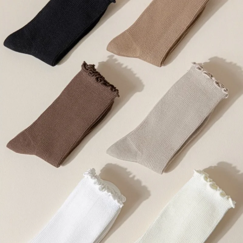 1/3/6 Pairs Women's Ruffled Trim Mid-Calf Slouch Socks Thin Lightweight Summer Autumn Socks Fashion Casual Stretchy Elastic