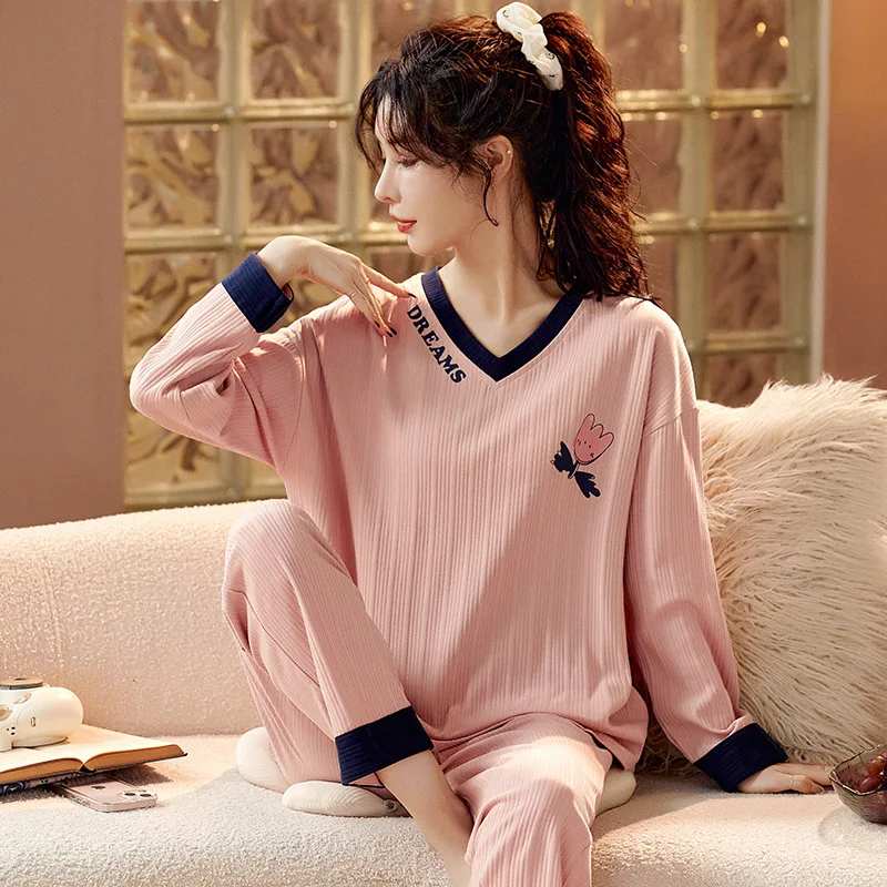 Ensemble de pyjama en coton à manches longues pour femmes, vêtements de nuit, vêtements de détente, pantalon imprimé, mode coréenne, vêtements de nuit kawaii