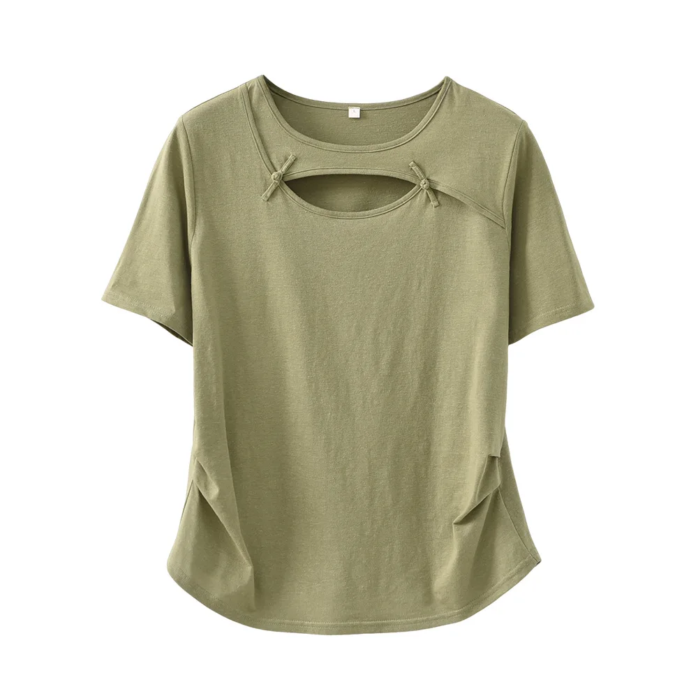 

Cotton Hemp T Shirt Women Cut Out Ruched Sides Short Sleeve Tops Summer