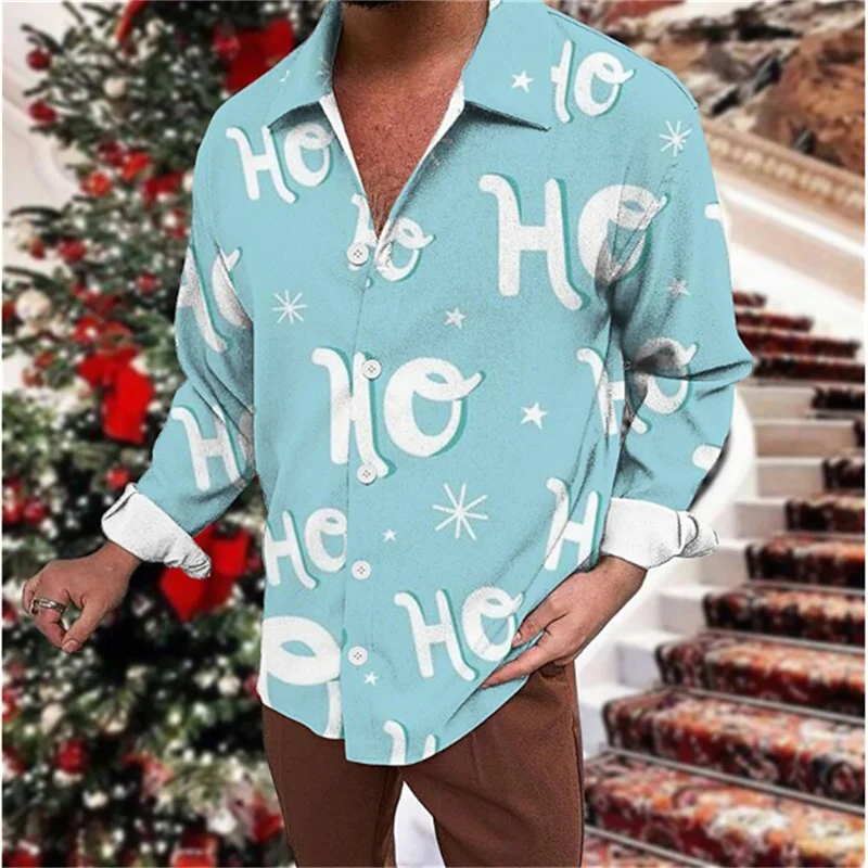 Happy New Year Men\'s Shirt Christmas Party Print Lapel Long Sleeve Shirt All-match Large Size Fashion Personality Shirt