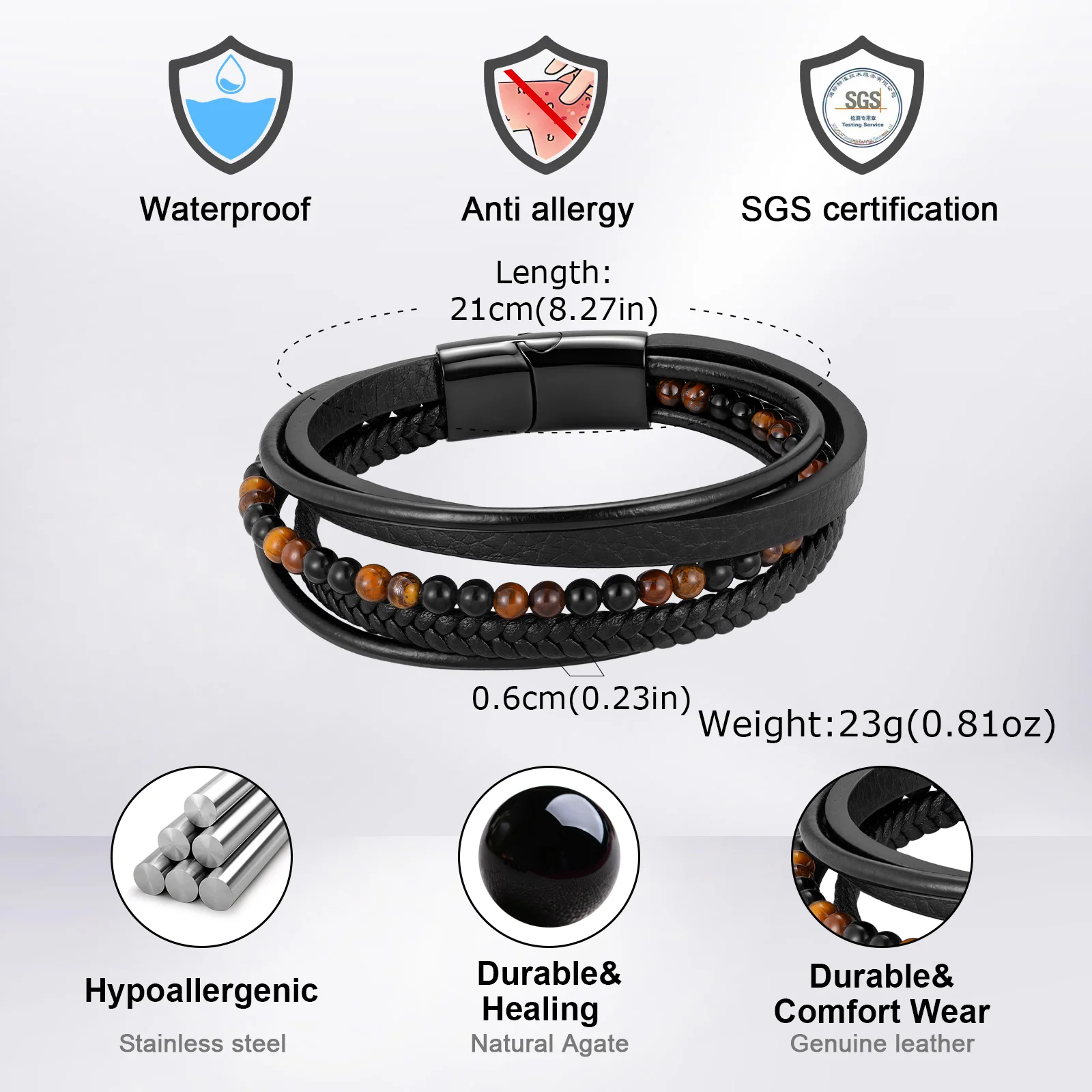 Vnox Mehrschichtiges Geflochtenes Lederarmband für Männer, Tigerauge Lapislazuli Perlen Magnetverschluss Armband Trendiger Männerschmuck Geschenk – Detail 7