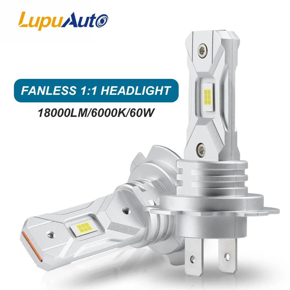 LupuAuto 2Pcs H7 LED Headlight Light 12V 18000LM 60W Mini LED H7 Bulb Ledlamp Fanless Wireless Head Lamp 5530 CSP White 6000K