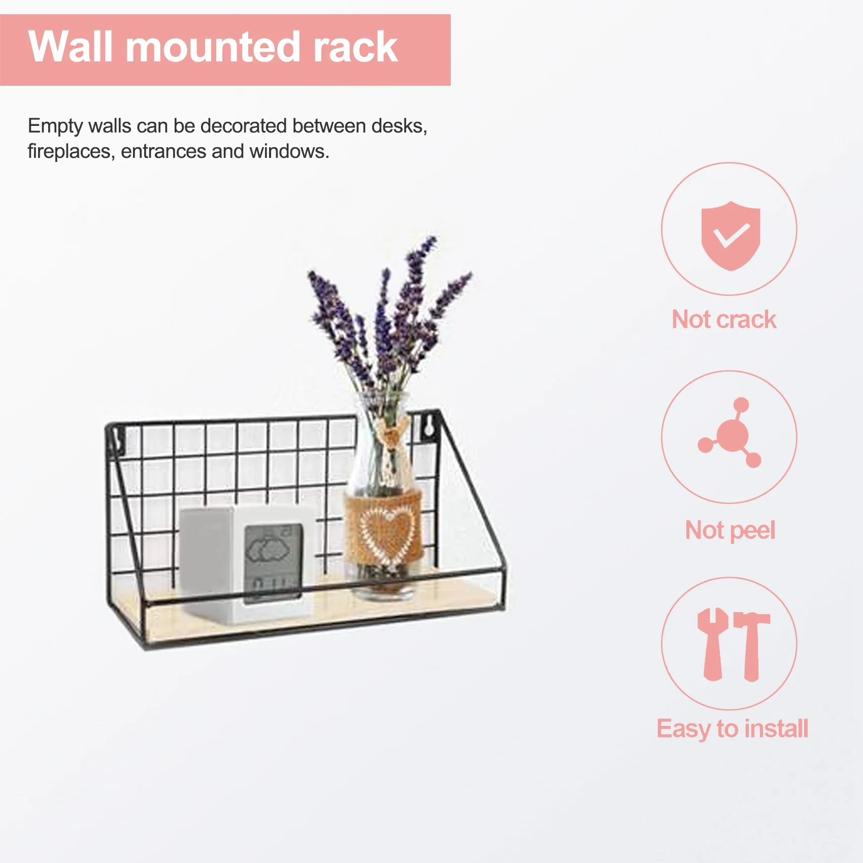 

Wrought Iron Floating Shelves Wall Mounted Storage Punch-Free Rack